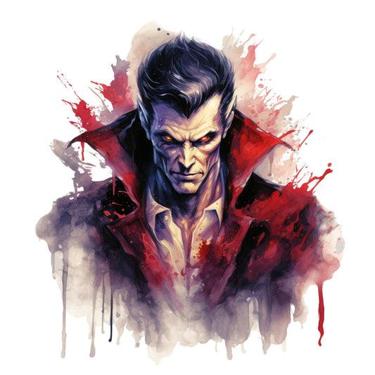 dramatic portrait, watercolor splatter, villain character, dark fantasy, supernatural, gothic, red cape, evil character, menacing expression, blood red, deep purple, charcoal gray, cream beige, abstract splatter, ink wash, character art, fantasy illustration, dramatic lighting, moody atmosphere, dark romance, horror inspired, male character, intense expression, artistic watercolor, contemporary art, pop culture fan art, character design, splatter paint effect, burgundy, eggplant purple