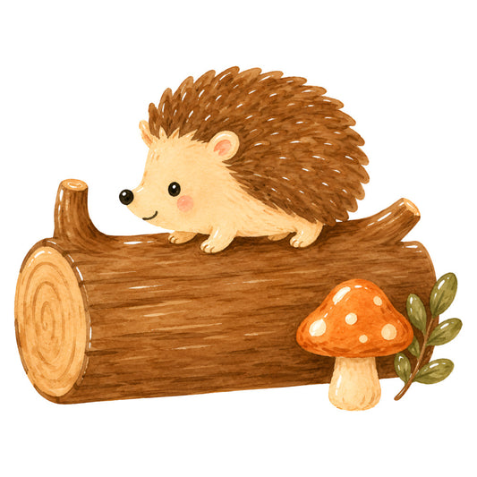 hedgehog, woodland animals, forest creatures, nature, whimsical, cute, adorable, baby, children, mushroom, toadstool, log, wood texture, brown, tan, cream, orange, red-orange, rust, green, earthy tones, forest floor, rustic, storybook, illustration, woodland theme, autumn, fall, kids, nursery
