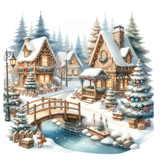 winter village, christmas, holiday, snow, cottages, houses, wooden bridge, evergreen trees, festive, rustic, cozy, cream, ivory, brown, tan, forest green, dusty blue, gold accents, red ornaments, decorative, traditional, whimsical, winter landscape, scenic, snowy, cottage core, storybook, fairytale, seasonal