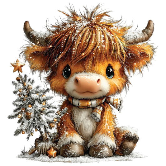christmas highland cow, fabric panel, quilting cotton, orange fur, brown tones, golden colors, white snow, festive scarf, small horns, cute animal, winter scene, christmas tree, star ornaments, snowflakes, fluffy texture, holiday themed, decorative panel, craft fabric, seasonal motif, whimsical illustration