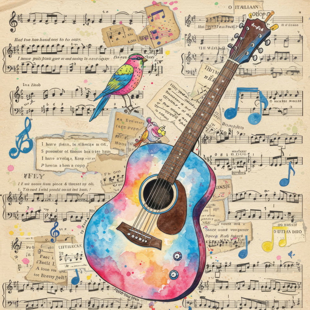 watercolor, music, guitar, musical notes, birds, vintage, sheet music, colorful, rainbow, pink, blue, yellow, orange, purple, whimsical, artistic, bohemian, nature, songbird, parrot, treble clef, musical instruments, cottage core, eclectic, mixed media, collage, artistic collage, melody, harmony, creative