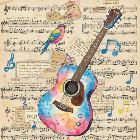 watercolor, music, guitar, musical notes, birds, vintage, sheet music, colorful, rainbow, pink, blue, yellow, orange, purple, whimsical, artistic, bohemian, nature, songbird, parrot, treble clef, musical instruments, cottage core, eclectic, mixed media, collage, artistic collage, melody, harmony, creative