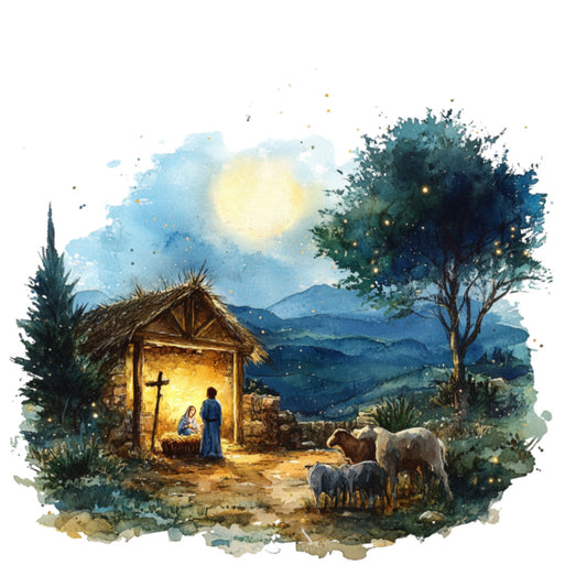 nativity scene, religious, christmas, holy night, stable, jesus birth, manger, shepherd, sheep, livestock, animals, celestial, starry night, moon, glowing light, warm gold, soft blue, teal, forest green, navy blue, cream, beige, watercolor, artistic, whimsical, spiritual, peaceful, traditional, rustic, farmhouse