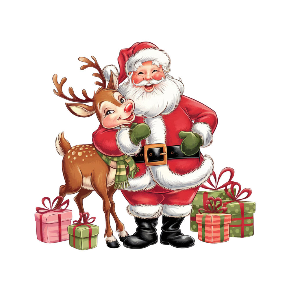 santa claus, reindeer, christmas, red suit, white beard, antlers, gift boxes, presents, holiday fabric, quilting panel, cartoon style, festive, winter theme, brown reindeer, green scarf, black belt, white trim, cheerful illustration, seasonal panel, cotton fabric