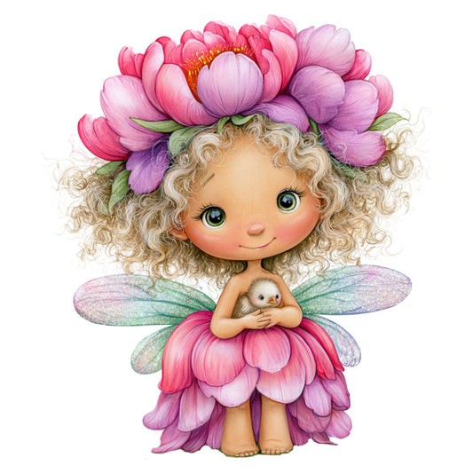 fairy, flower fairy, whimsical, fantasy, magical, nature, floral, pink, rose pink, coral pink, purple, lavender, mauve, cream, soft green, pastel, cute, children, girl, spring, summer, petal, peony, wings, fairy wings, dragonfly wings, curly hair, blonde, baby, nursery