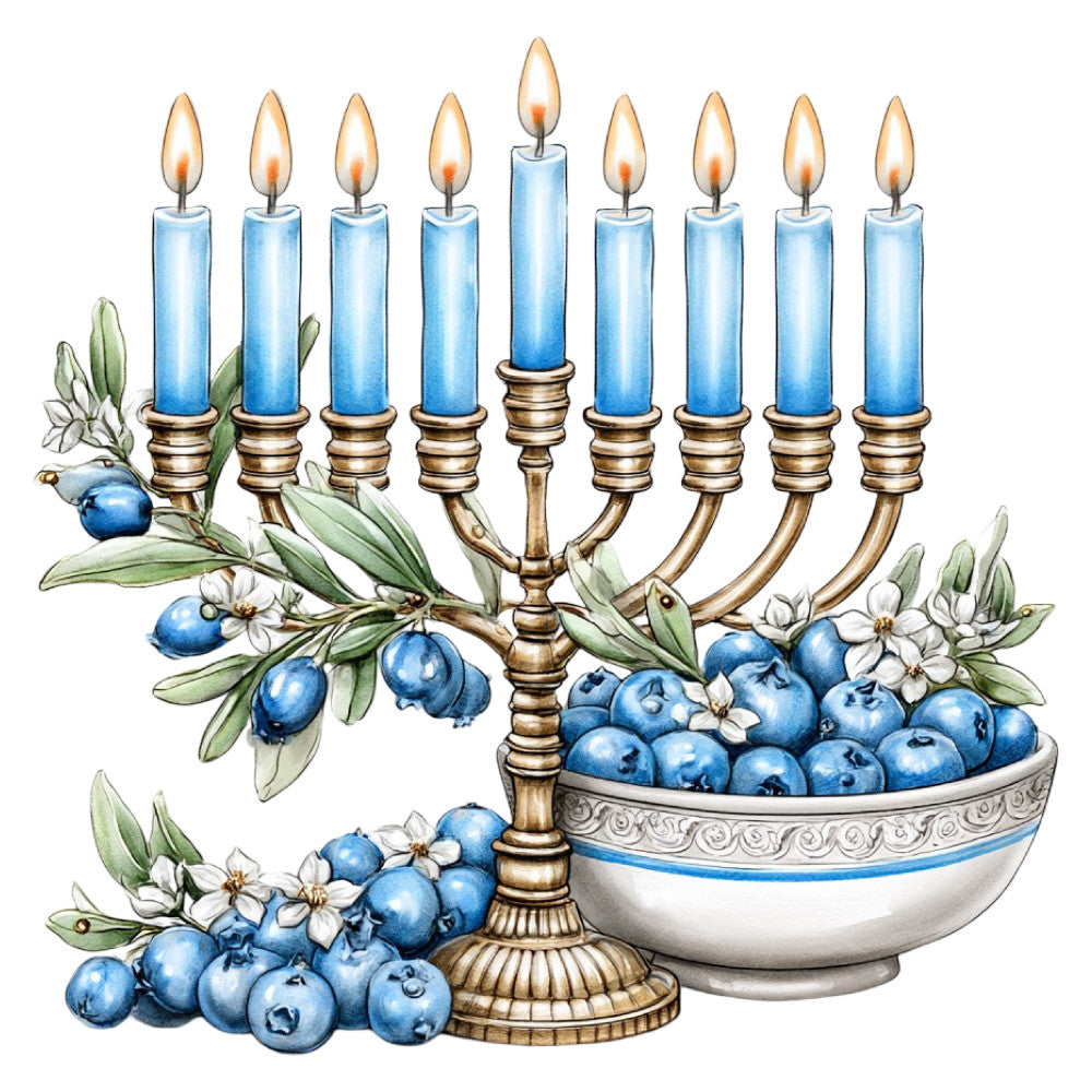 sky blue, cornflower blue, white, sage green, gold, bronze, blueberries, botanical, floral, menorah, hanukkah, jewish, holiday, religious, elegant, traditional, vintage, decorative, candles, berries, leaves, flowers, festive, spiritual, classic, ornate, blue and white, nature-inspired, celebration