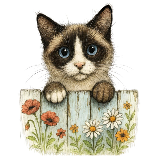cat, blue eyes, siamese cat, calico cat, kitten, animals, pets, whimsical, cute, playful, flowers, floral, poppies, daisies, daisy, wildflowers, garden, nature, farmhouse, rustic, cottage core, spring, summer, white, cream, brown, tan, coral, orange, yellow