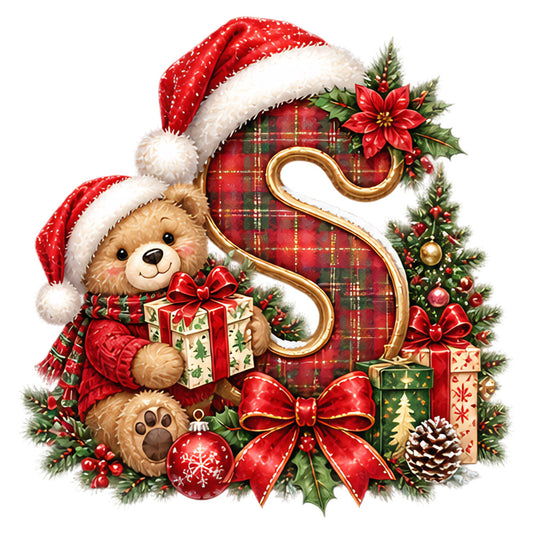 christmas, holiday, teddy bear, santa hat, red, forest green, gold, cream, plaid, tartan, poinsettia, holly, pine cones, ornaments, gift boxes, festive, whimsical, traditional, vintage, seasonal, winter, decorative, children's, nostalgic, red plaid, evergreen, ribbons, bows, cozy, cheerful