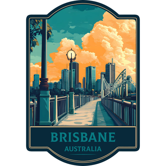brisbane, australia, cityscape, skyline, travel, architectural, vintage travel poster, art deco, teal, turquoise, navy blue, gold, orange, sunset, clouds, bridge, urban landscape, modern, retro, wanderlust, destination, wall hanging, home decor, travel theme, golden hour, decorative panel, iconic landmarks, sophisticated, stylized illustration, afternoon sky