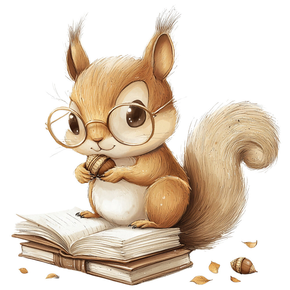 brown, tan, cream, beige, golden, squirrel, glasses, books, acorn, autumn leaves, watercolor style, whimsical, cute animal, fabric panel, quilting cotton, scholarly, reading theme, soft illustration, children's fabric, nature motif