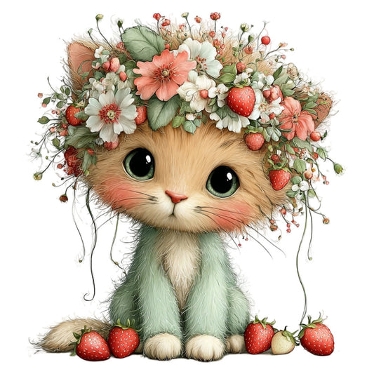 cat, kitten, floral, flowers, strawberries, daisies, gerbera, coral pink, cream, sage green, mint green, soft pastels, whimsical, cute, adorable, animals, nature, botanical, spring, summer, cottage core, sweet, feminine, berries, flower crown, decorative, children's, baby, wall art, illustration style