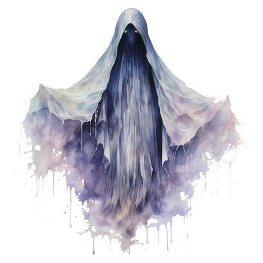 ethereal, ghost, specter, watercolor, lavender, purple, navy blue, gray, white, pale blue, mauve, abstract, mystical, spooky, spiritual, supernatural, haunting, gothic, elegant, atmospheric, dripping paint effect, ink wash, translucent, ghostly figure, halloween, moody, dark fantasy, ethereal spirit, wall hanging, art quilt