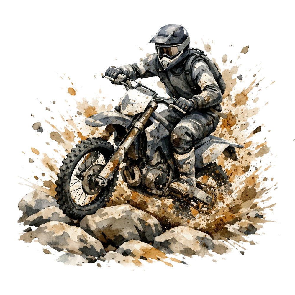 motocross, dirt bike, off-road, action sports, extreme sports, adventure, grunge, splatter, watercolor, tan, beige, brown, gray, grey, charcoal, khaki, earthy tones, masculine, bold, dynamic, energetic, sports theme, vehicle, motorcycle, dust cloud, splatter effect, contemporary, modern, textured, rustic