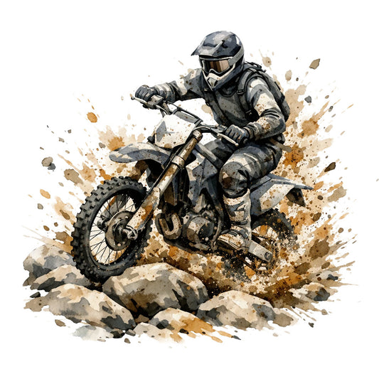 motocross, dirt bike, off-road, action sports, extreme sports, adventure, grunge, splatter, watercolor, tan, beige, brown, gray, grey, charcoal, khaki, earthy tones, masculine, bold, dynamic, energetic, sports theme, vehicle, motorcycle, dust cloud, splatter effect, contemporary, modern, textured, rustic