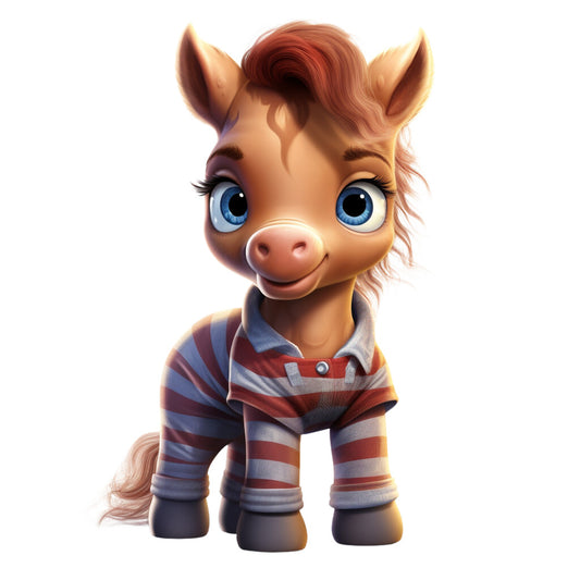 fabric panel, horse character, striped pajamas, blue stripes, red stripes, white stripes, cartoon style, anthropomorphic animal, brown mane, blue eyes, cute expression, sleepwear theme, children's fabric, quilting cotton, panel design, adorable pony, pajama party, nursery fabric, craft panel, sewing project
