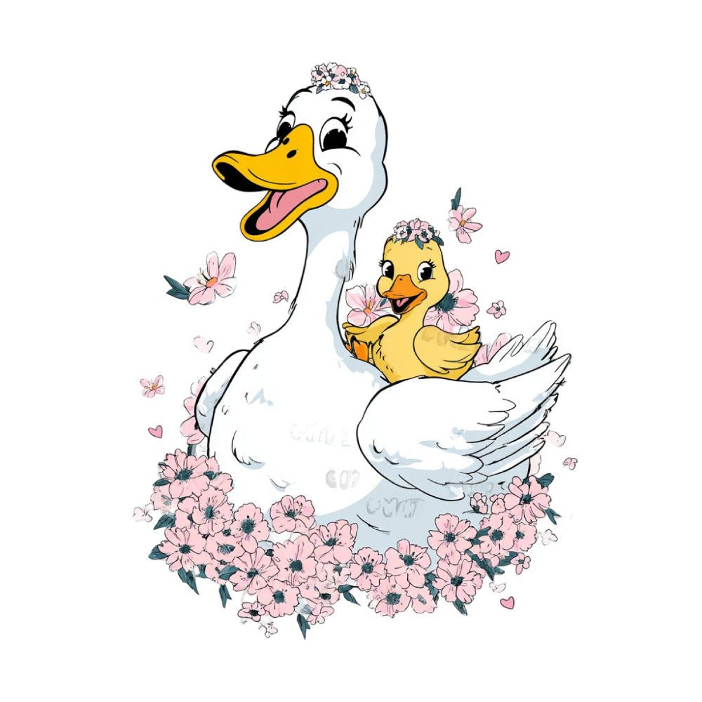 white duck, yellow duckling, floral, pink flowers, spring, baby, mother and baby, animals, whimsical, sweet, cute, nursery, soft, gentle, hearts, flower crown, nature, pastoral, tender, baby quilt, children's, girl, soft pink, pale yellow, cream white, daisy flowers, vintage style, storybook, charming, decorative panel
