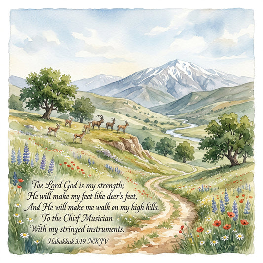 mountain landscape, scripture, inspirational, deer, wildlife, snow-capped peaks, rolling hills, wildflowers, lupines, poppies, daisies, pastoral scene, nature, spiritual, religious, bible verse, rustic, traditional, sage green, cream, sky blue, soft blue, gold, earthy tones, landscape, scenic, springtime, summer, wall hanging, inspirational quilt