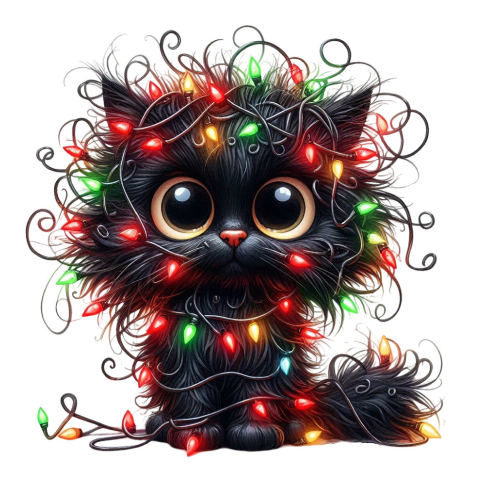 black cat, holiday lights, christmas, festive, whimsical, cute animals, illuminated, red lights, green lights, gold lights, multicolor, glowing lights, winter, decorative, cat face, big eyes, furry, magical, seasonal, christmas tree alternative, pet themed, playful, enchanted, novelty, charming, dark background, light string, festive cat