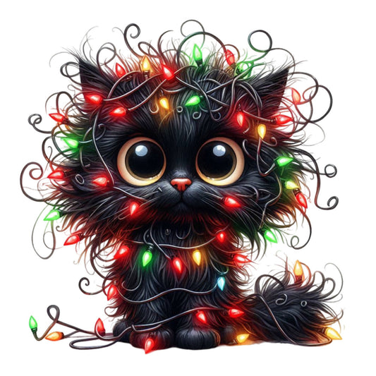 black cat, holiday lights, christmas, festive, whimsical, cute animals, illuminated, red lights, green lights, gold lights, multicolor, glowing lights, winter, decorative, cat face, big eyes, furry, magical, seasonal, christmas tree alternative, pet themed, playful, enchanted, novelty, charming, dark background, light string, festive cat