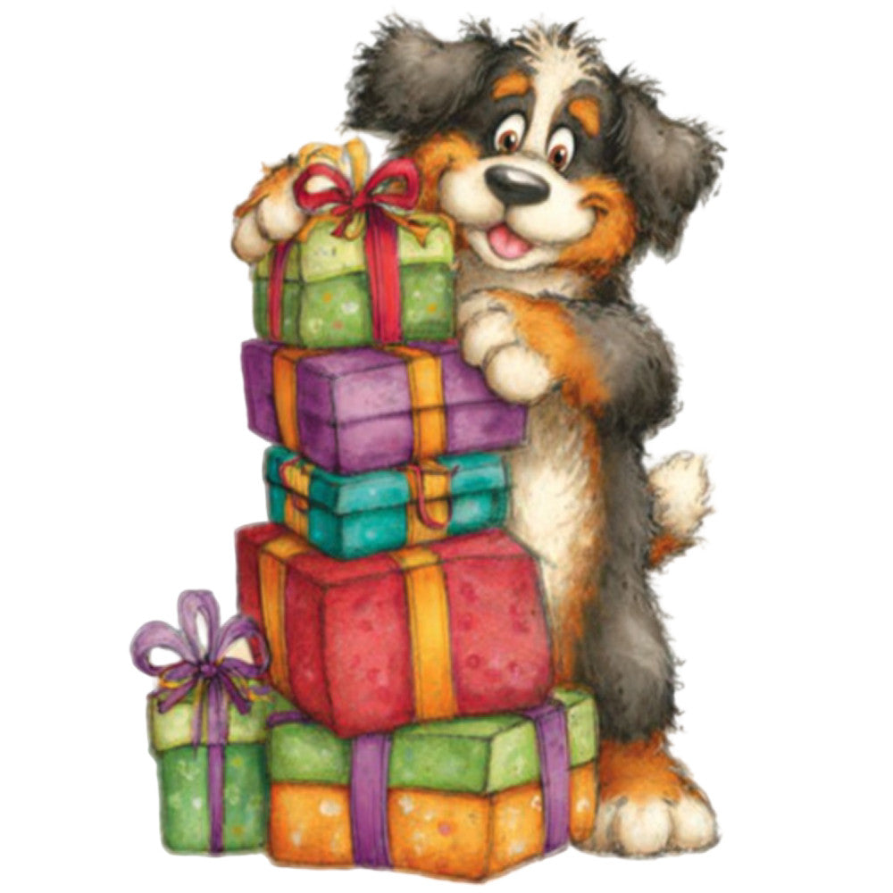 puppy dog, gift boxes, presents, colorful, red, green, purple, turquoise, orange, yellow, cheerful, whimsical, playful, children's, kids, holiday, christmas, festive, cartoon, cute animals, ribbons, bows, joy, celebration, happy, fun, baby, nursery, wall hanging, panel fabric