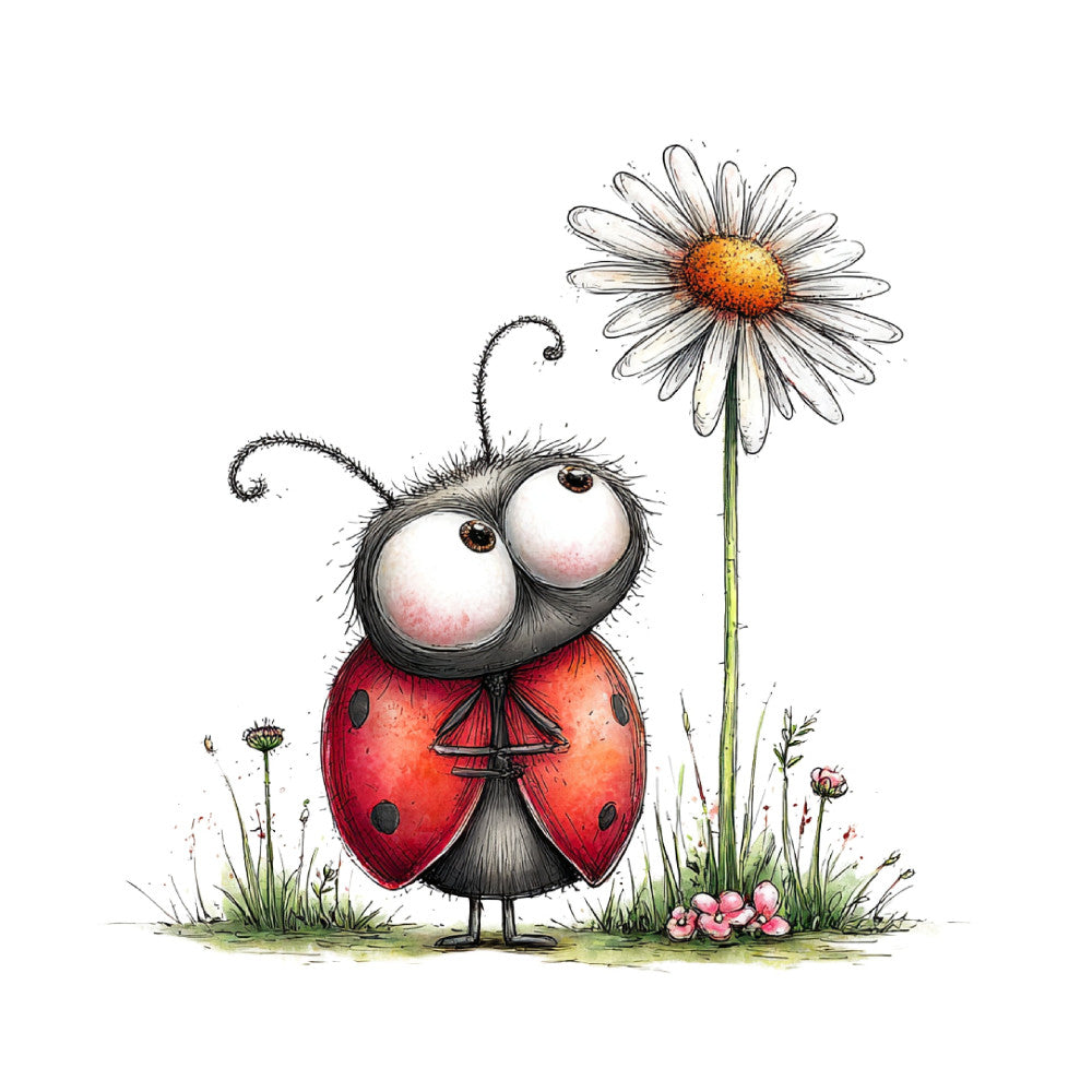 ladybug, whimsical, daisy, spring, nature, children's, cute, illustration, red, orange, white, black, green, pink, insects, flowers, garden, playful, storybook, charming, sweet, kid-friendly, woodland, nursery, baby quilt, wall art, decorative, artistic, botanical, cheerful