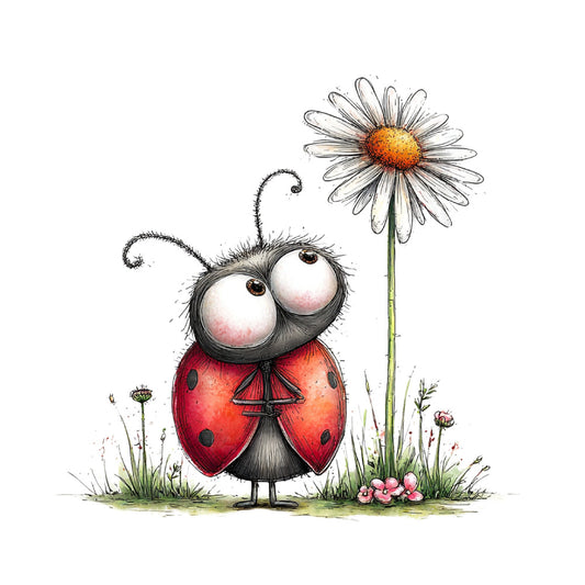 ladybug, whimsical, daisy, spring, nature, children's, cute, illustration, red, orange, white, black, green, pink, insects, flowers, garden, playful, storybook, charming, sweet, kid-friendly, woodland, nursery, baby quilt, wall art, decorative, artistic, botanical, cheerful
