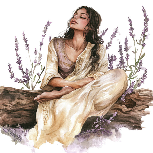 lavender, cream, beige, tan, gold, purple, watercolor, floral, nature, botanical, woman, portrait, figure, elegant, bohemian, romantic, rustic, peaceful, meditation, lavender field, spring, summer, contemplative, dreamy, artistic, vintage, cottage core, relaxation, serene, decorative panel