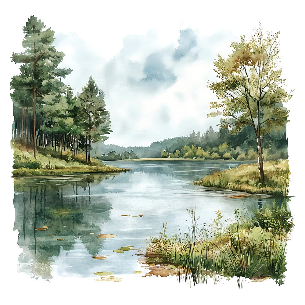landscape, watercolor, nature scene, forest, lake, trees, woodland, scenic, water reflection, pine trees, calm water, serene, peaceful, autumn, fall colors, sage green, forest green, cream, beige, tan, soft blue, gray blue, muted tones, naturalistic, rustic, traditional, scenic landscape, riverside, lakeside, outdoor