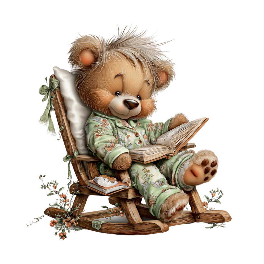 teddy bear, cute animals, children's fabric, nursery, storybook, reading bear, sage green, cream, rust orange, brown, soft colors, whimsical, vintage illustration, classic children's, adorable, gentle, cozy, woodland, fairy tale, picture book style, character design, decorative panel, baby quilt, wall art, soft pastels, illustrated animals, charming, nostalgic, traditional children's design