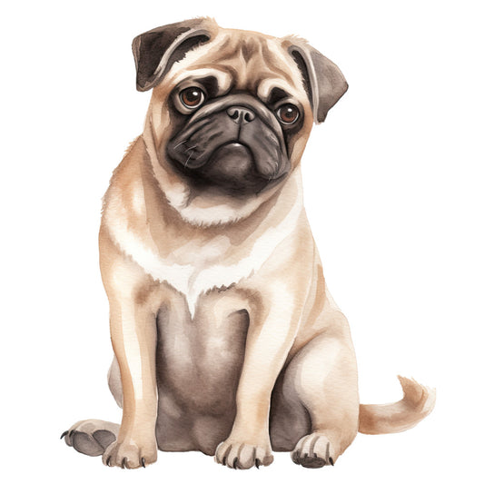 Watercolor Pug Fabric Panel 8 featuring a detailed watercolor illustration of a sitting pug on premium quilting cotton fabric.
