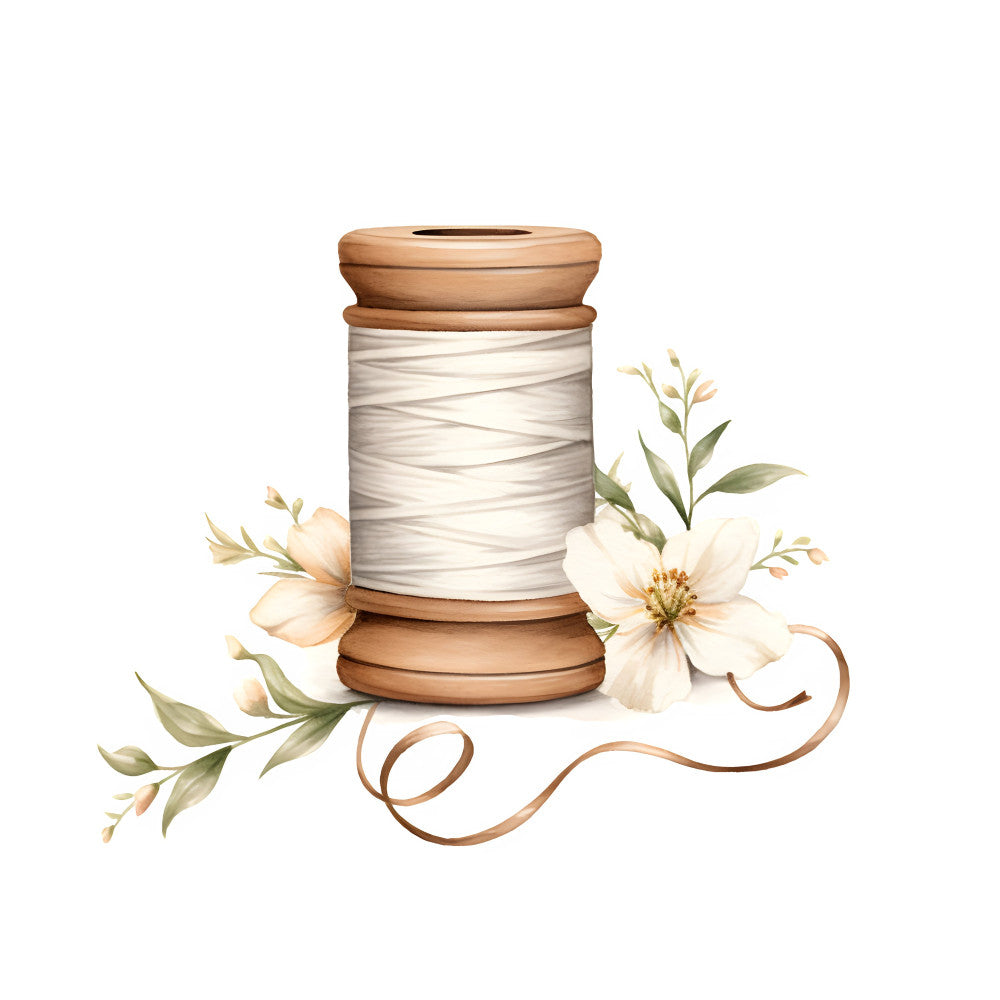 cream, beige, tan, light brown, natural, floral, thread spool, sewing, vintage, rustic, botanical, flowers, leaves, crafting, handmade, cottage, farmhouse, elegant, whimsical, spring, needle and thread, dainty blooms, nature, feminine, soft colors, shabby chic, romantic, craft room, timeless, classic