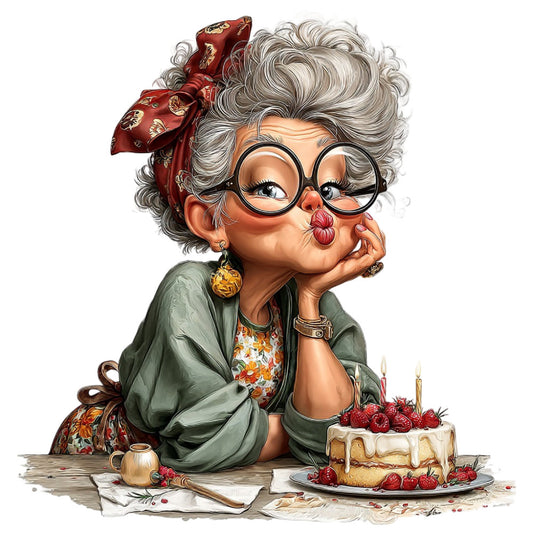 grandmother portrait, vintage character, whimsical, sage green, cream, gold, coral pink, red, floral print, cake motif, raspberries, birthday celebration, elegant, traditional, humorous, folk art, retro style, charming character, decorative panel, novelty print, grandma theme, dessert motif, botanical elements, nostalgic, cozy, warm tones, lifestyle print, figure illustration