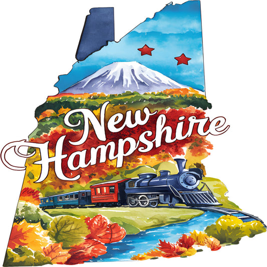 Classic US States Fabric Panel 19 featuring colorful New Hampshire landscape with train, mountain, and autumn foliage on premium quilting cotton.