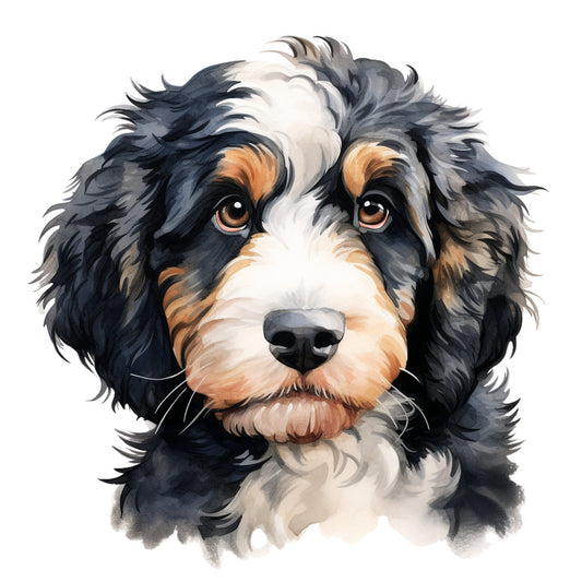 dog portrait, bernese mountain dog, tricolor dog, black white tan, dog face, puppy portrait, pet lover, animal portrait, dog breed, realistic dog, brown eyes, fluffy dog, long-haired dog, spaniel, cavalier, gentle expression, friendly face, pet themed, dog illustration, animal art, portrait style, realistic painting, watercolor dog, dog lover gift, pet panel, animal panel, companion animal, sweet expression, family pet