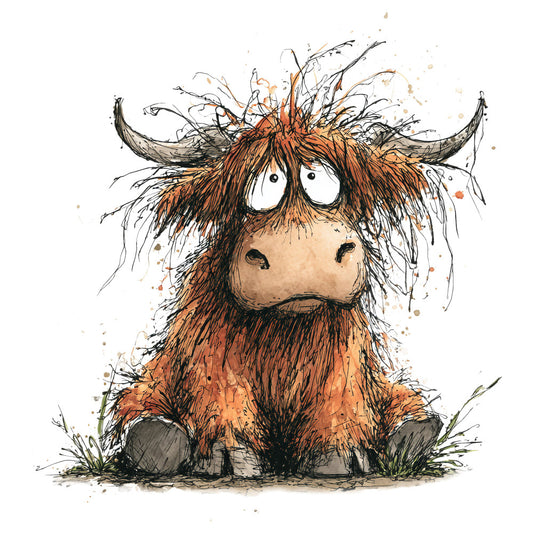 highland cattle, highland cow, rustic animals, farmhouse style, whimsical creatures, brown, rust orange, tan, cream, black, charcoal gray, watercolor style, sketch art, ink illustration, cute animals, quirky design, folk art, country theme, pastoral, barnyard animals, hairy cattle, horned animals, playful expression, hand-drawn, artistic illustration, nature-inspired, cottage core, rustic charm, child-friendly, storybook style