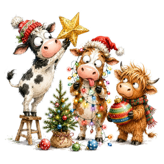 christmas, holiday, cows, cattle, highland cattle, animals, farm animals, festive, whimsical, cute, playful, red, gold, green, brown, cream, multicolor, star, christmas tree, ornaments, garland, lights, santa hat, plaid, tartan, rustic, farmhouse, winter, celebration, decorative