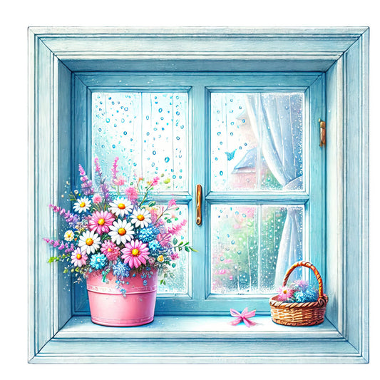 rainy day, window scene, floral bouquet, daisies, pink flowers, blue window frame, potted flowers, rustic, whimsical, spring, cottage core, romantic, pastel colors, light blue, soft pink, white daisies, flower arrangement, raindrops, windowsill, basket of flowers, nature inspired, vintage aesthetic, cozy home, botanical, garden flowers, daydream, peaceful scene, home decor, decorative panel