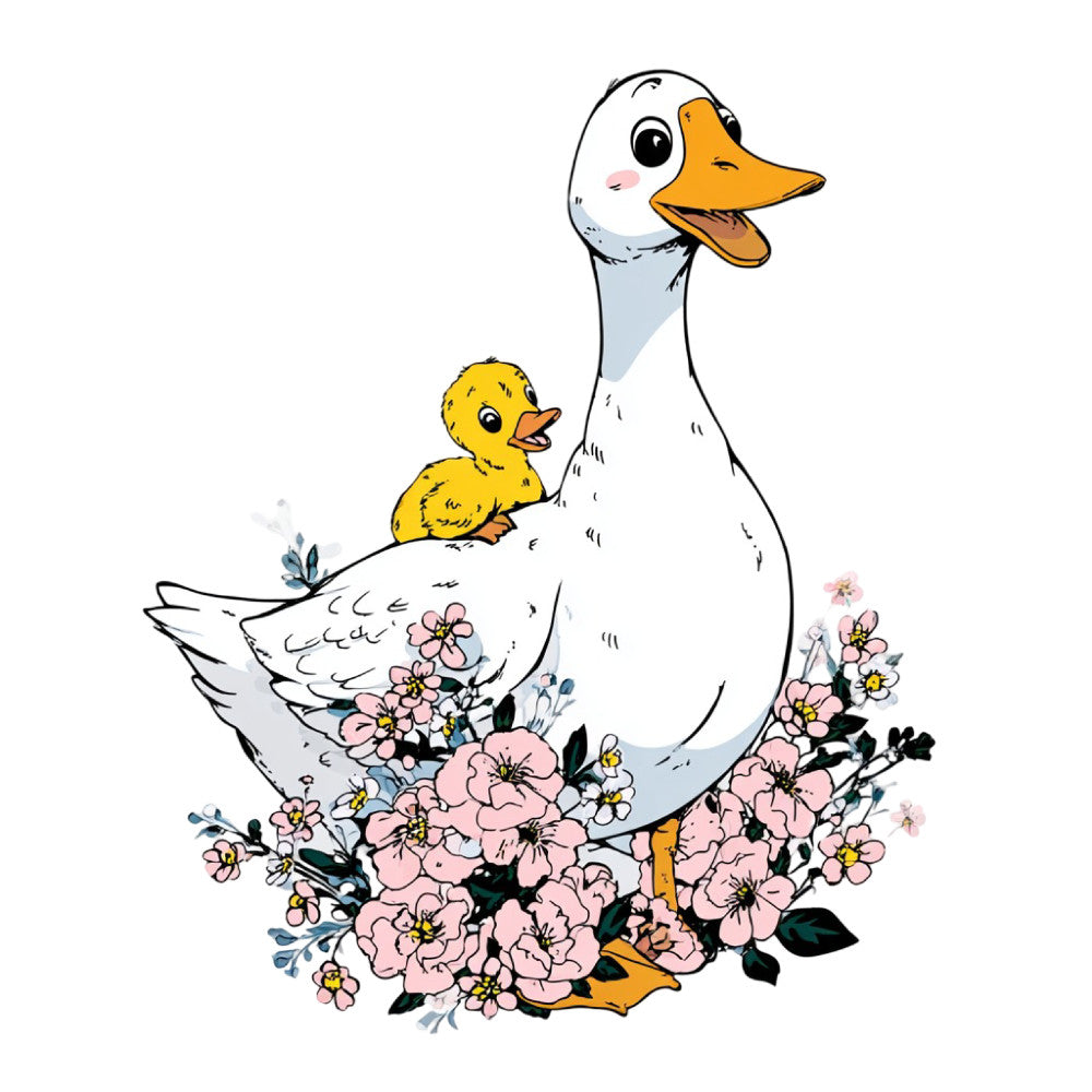 mother duck, duckling, white, golden yellow, blush pink, pale blue, floral, spring, animals, nature, farmhouse, whimsical, pastoral, baby animals, flowers, botanical, gentle, sweet, nursery, baby quilt, children's fabric, easter, garden theme, cute, charming, traditional, storybook, illustrated, domestic birds, waterfowl