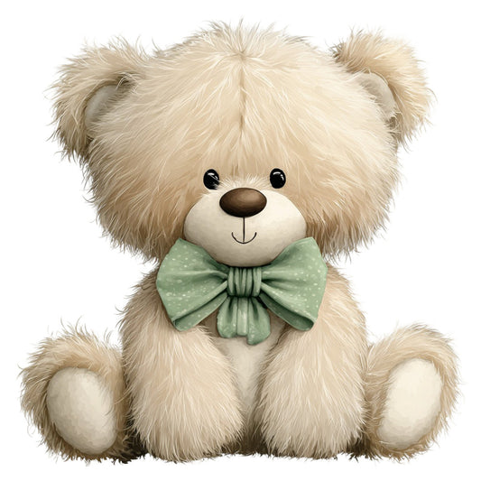teddy bear, cream, beige, tan, sage green, soft green, mint green, polka dot, bow tie, cute, whimsical, sweet, adorable, children, baby, nursery, stuffed animal, plush, gentle, soft, tender, children's theme, baby quilt, nursery decor, pastel colors, playful, innocent, cuddly, child-friendly
