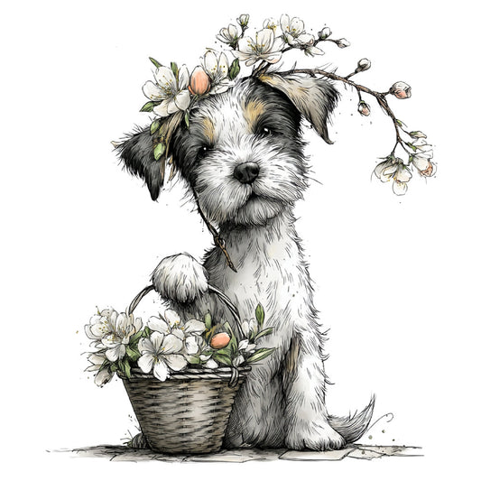 dog, puppy, terrier, black and white, cream, tan, beige, floral, flowers, botanical, spring, nature, whimsical, cute, adorable, animal portrait, vintage, illustration, sketch, line art, basket, blossoms, cherry blossoms, delicate, gentle, sweet, nursery, children's, baby, decorative panel