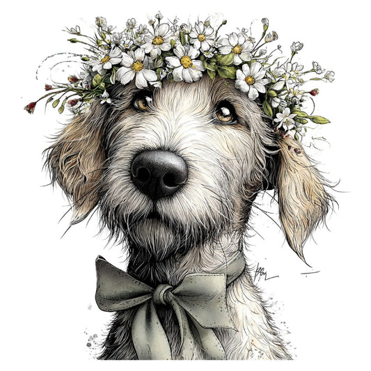 dog, floral, animal, portrait, whimsical, cream, white, tan, brown, black, gold, botanical, daisies, flowers, flower crown, nature, vintage, elegant, spring, summer, adorable, cute, pet, puppy, spaniel, bow tie, decorative, illustration, botanical illustration, wall hanging
