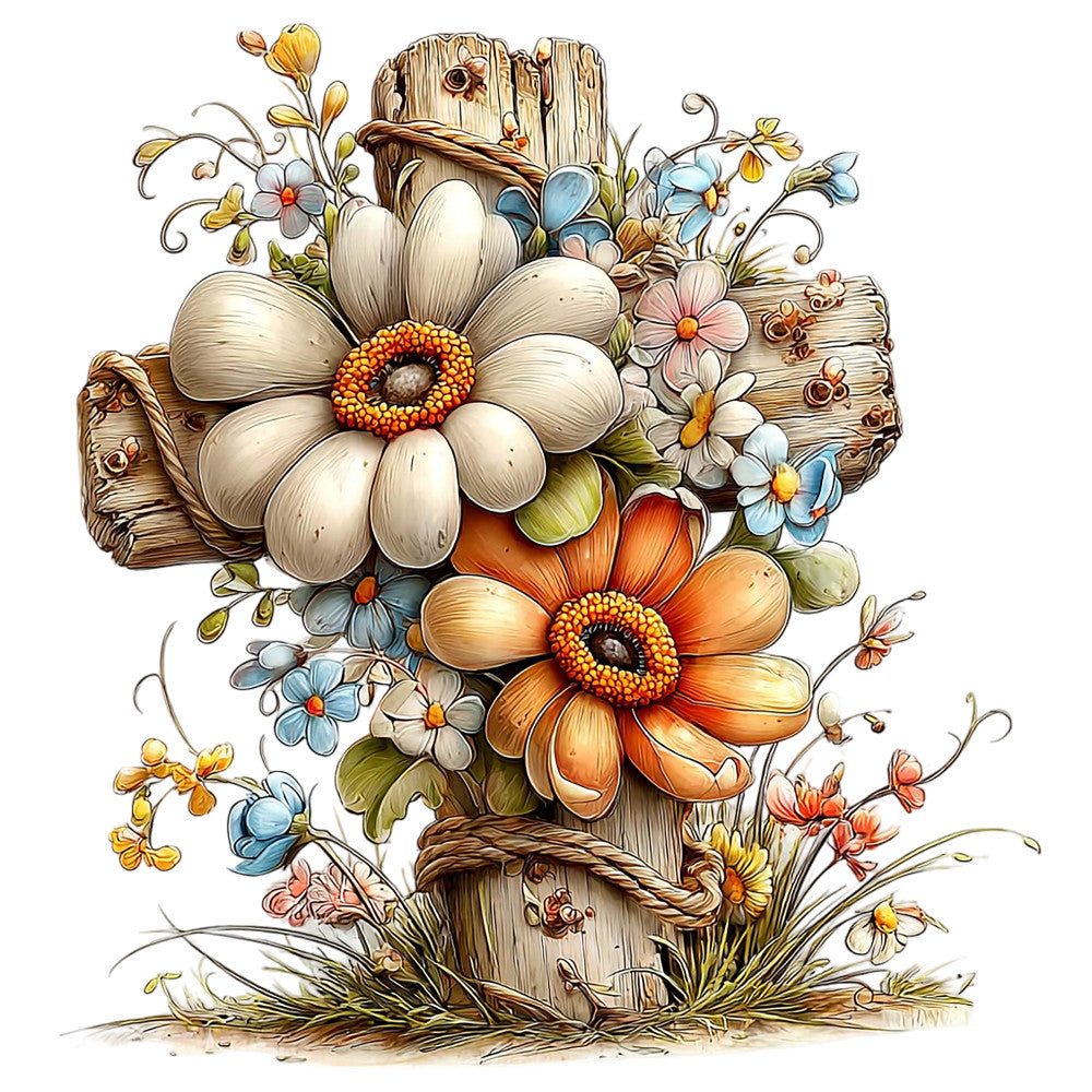 cream flowers, orange blooms, blue petals, weathered wood, rustic cross, floral arrangement, vintage style, botanical design, fabric panel, quilting cotton, daisy-like flowers, wooden texture, cottage core, country style, wildflowers, soft pastels, decorative stitching, rope details, nature motifs, spring flowers