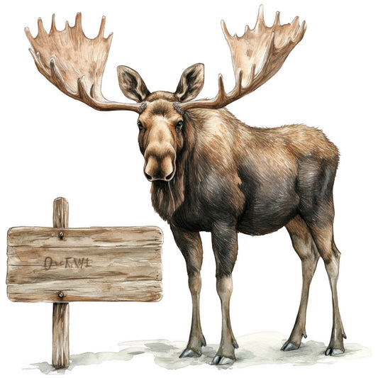 moose, wildlife, brown, tan, beige, antlers, wooden sign, nature scene, realistic illustration, watercolor style, forest animal, outdoor theme, fabric panel, quilting cotton, rustic, wilderness, mammal, detailed artwork, earth tones, natural colors