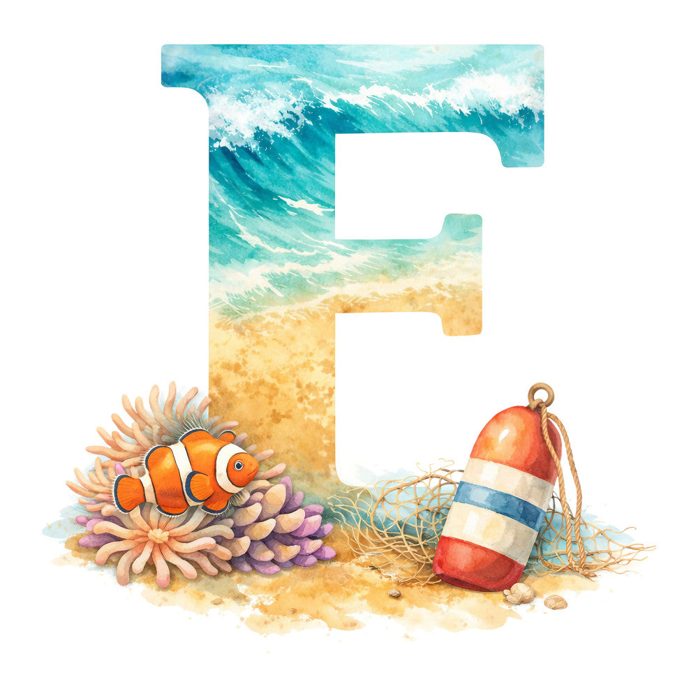 ocean waves, turquoise, sandy beige, coral orange, white, nautical, beach scene, clownfish, sea anemone, buoy, coastal, summer, tropical, whimsical, children's, alphabet letter f, underwater, seaside, aquatic, sandy beach, striped buoy, marine life, bright colors, playful, kids fabric, educational, nature themed, water themed, soft pastels