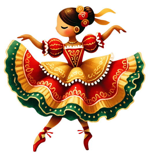 dancing figure, folk art, cultural celebration, festive, whimsical, traditional, red, gold, green, yellow, ornate, decorative, woman dancer, ethnic, vibrant, embellished, detailed pattern, curvy design, ruffled skirt, jewel tones, fiesta, Latin inspired, dress up, joyful, artistic, hand painted style, costume, performance, colorful, holiday