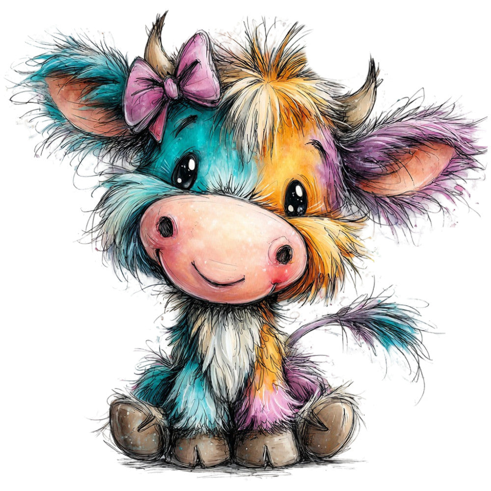 colorful cow, whimsical, rainbow colors, turquoise, coral pink, golden yellow, purple, cute animals, bovine, nursery, children's design, farmhouse, playful, big eyes, sweet expression, pink nose, horns, bow, girl cow, soft colors, pastel mix, livestock, farm animals, baby quilt, wall art, decorative panel, cheerful design, illustration style