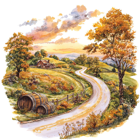 autumn landscape, golden yellow, burnt orange, rustic brown, sage green, watercolor style, country road, wooden barrels, farmhouse, rolling hills, autumn trees, pastoral scene, fabric panel, quilting cotton, sunset sky, winding path, rural countryside, fall foliage, scenic illustration, warm earth tones