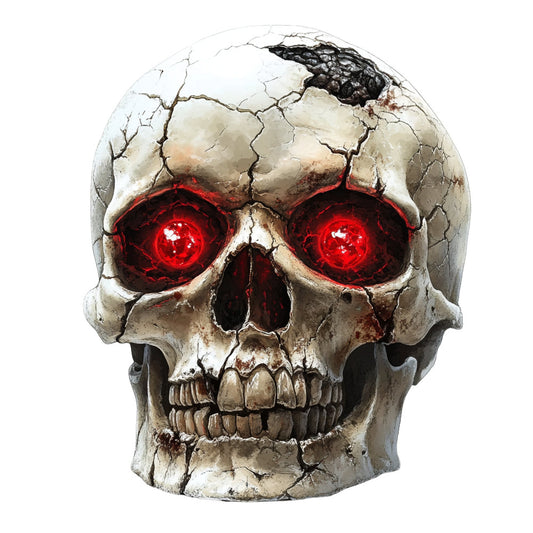 skull, skeleton, glowing eyes, red eyes, gothic, halloween, spooky, bone, dark, edgy, alternative, punk rock, heavy metal, horror, creepy, menacing, supernatural, death, macabre, goth, dark gray, bone white, crimson red, bright red, cracked texture, weathered, distressed, bold, dramatic, statement print