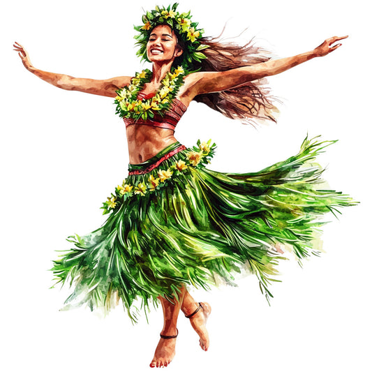 hawaiian dancer, hula girl, tropical paradise, green grass skirt, yellow plumeria, lei garland, flowing movement, watercolor style, polynesian culture, island theme, fabric panel, quilting cotton, tropical flowers, dancing pose, brown hair, joyful expression, pacific islands, luau celebration, vibrant greens, warm earth tones
