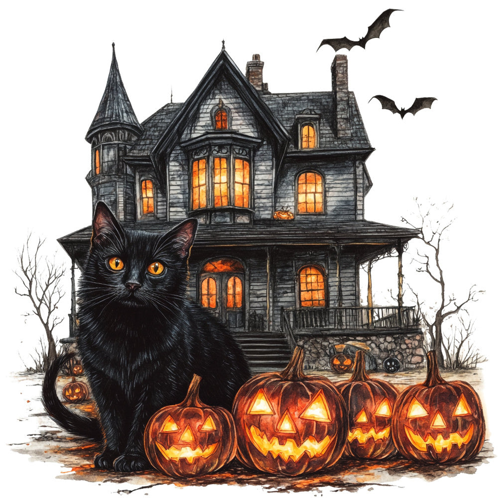 halloween, black cat, haunted house, jack-o-lanterns, pumpkins, bats, spooky, autumn, fall, orange, black, gray, stone, gothic, victorian, vintage, whimsical, festive, scary, creepy, yellow eyes, wooden porch, bare trees, glowing windows, trick-or-treat, harvest, eerie, dark moody, seasonal, holiday